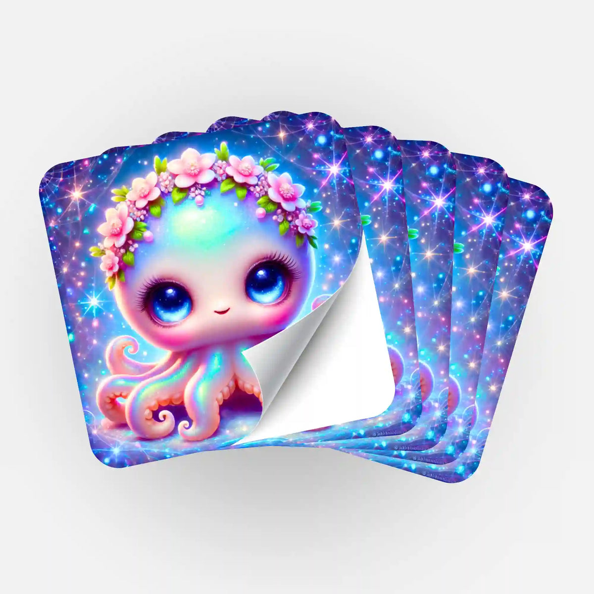 Fünf Picmondoo Aufkleber mit Tinty Kraken Motiv im Fairydust Design, ideal für Accessoires zum Diamond Painting Zubehör