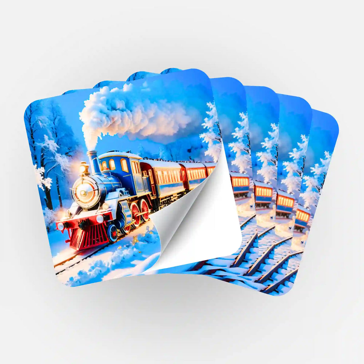 Fünf Picmondoo Aufkleber mit winterlichem Night Train Motiv zur Organisation von Diamond Painting Sets