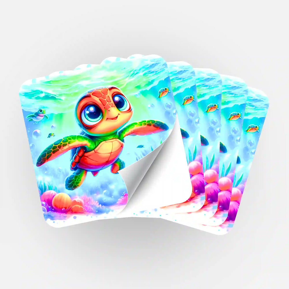 Buntes 5er-Set Aufkleber für Diamond Painting mit dem niedlichen Motiv Lotta, die kleine Meeresschildkröte im Ozean.
