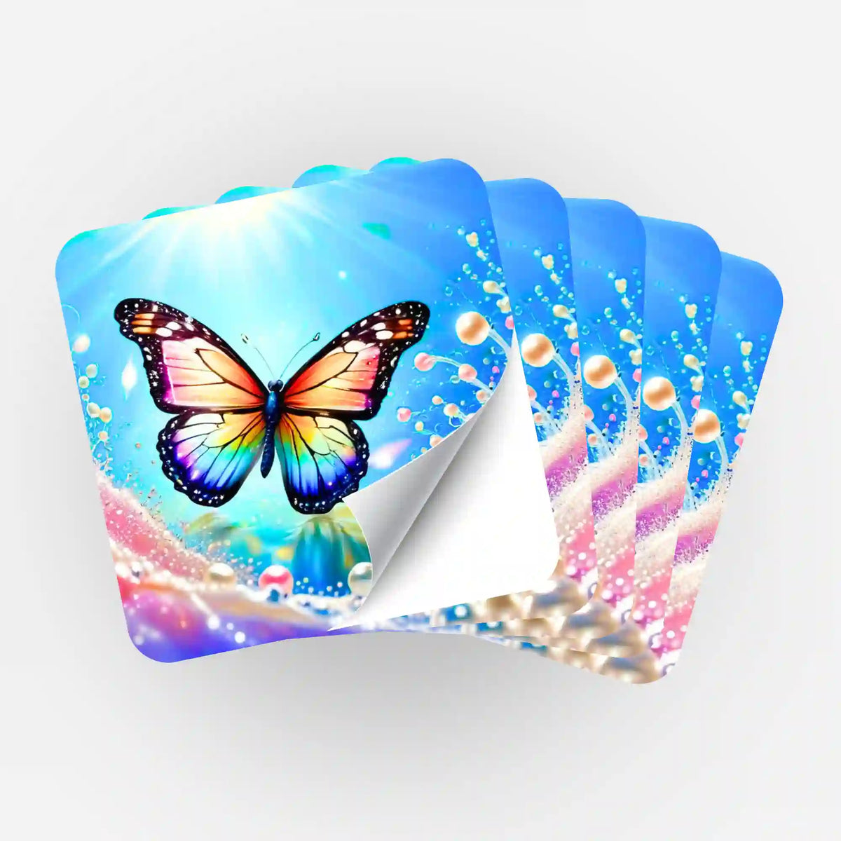 Fünfer-Set Fairydust Sticker mit buntem Schmetterlingsmotiv für die Organisation von Diamond Painting Zubehör.