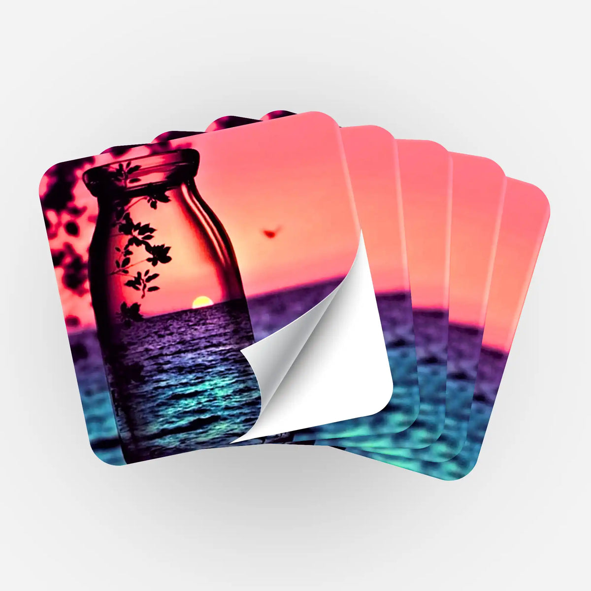 Fünf Picmondoo Aufkleber mit rotem Sonnenuntergang Motiv zur Organisation von Diamond Painting und Malen nach Zahlen Sets