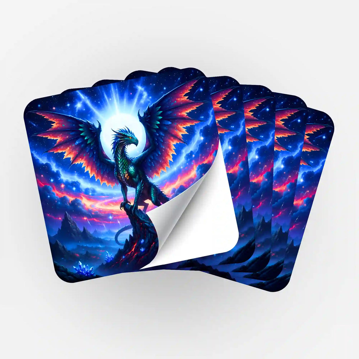 Fünfer-Set Aetherion Drachen-Sticker für Diamond Painting Zubehör mit farbenfrohem Fantasy-Motiv bei Nacht