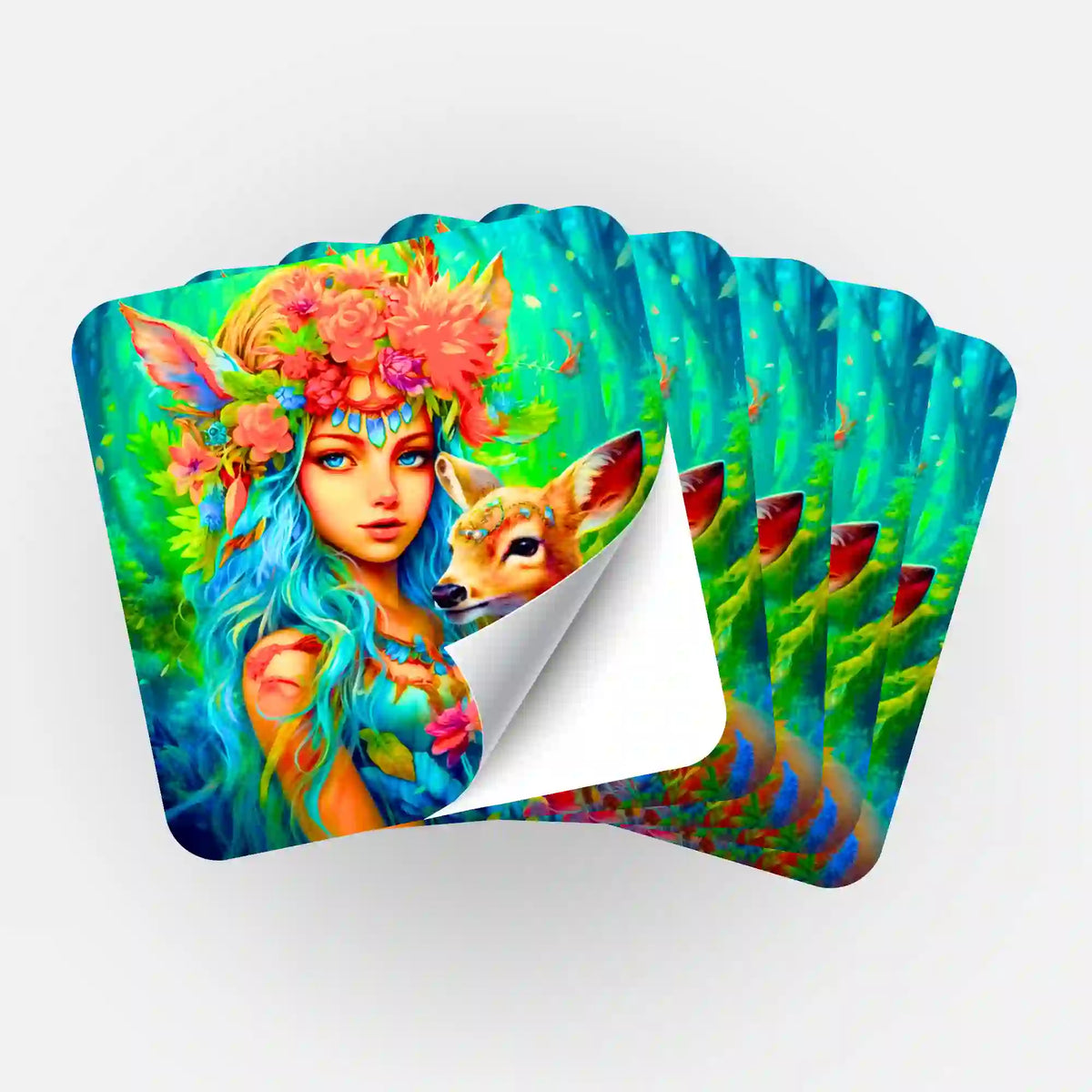 5er-Set Waldmädchen Aufkleber für Diamond Painting Organisation mit farbenfrohem Wald-Motiv und Reh