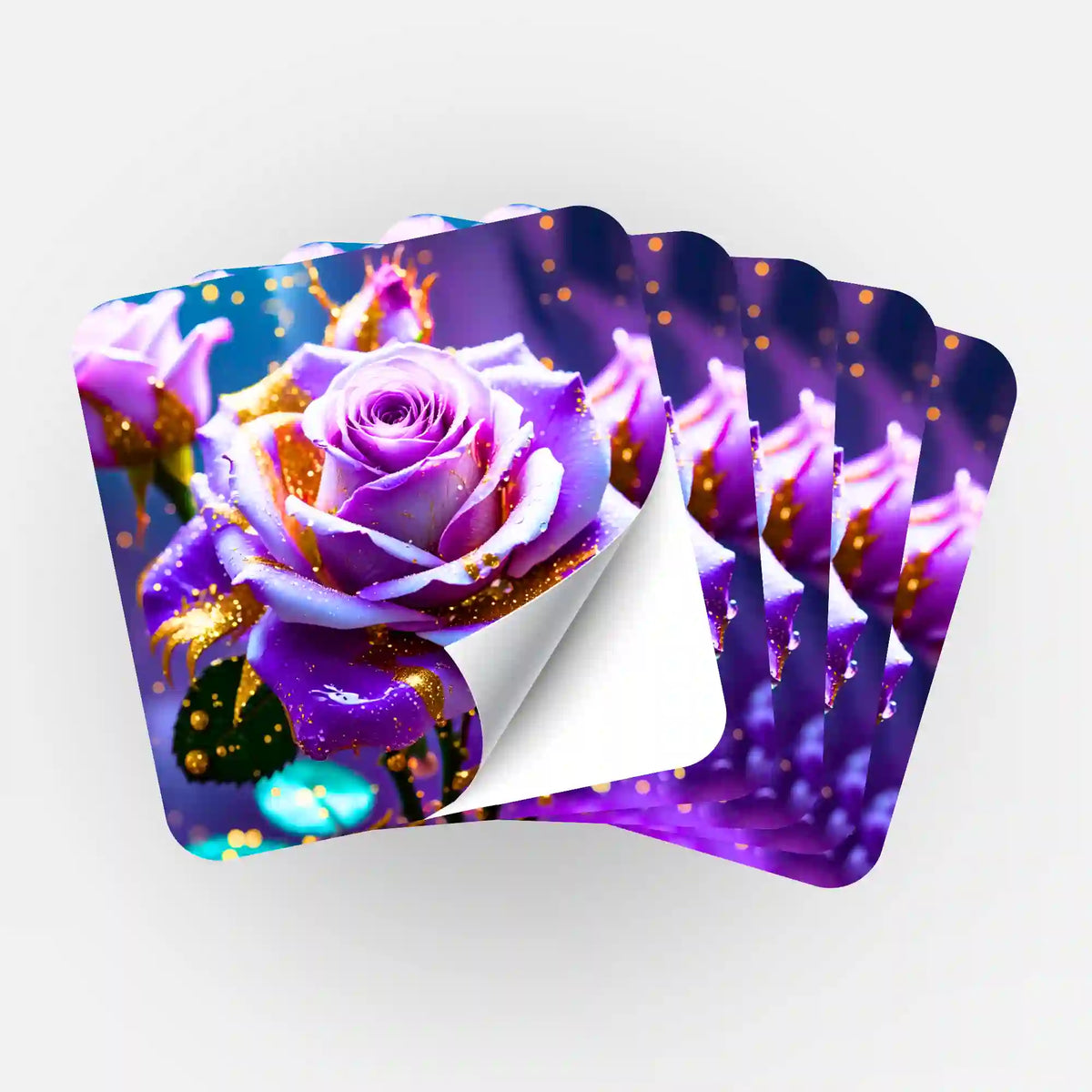 Fächer von 5 Picmondoo Diamond Painting Aufklebern mit lilafarbenem Amethystrose Motiv und goldenen Glitzereffekten.
