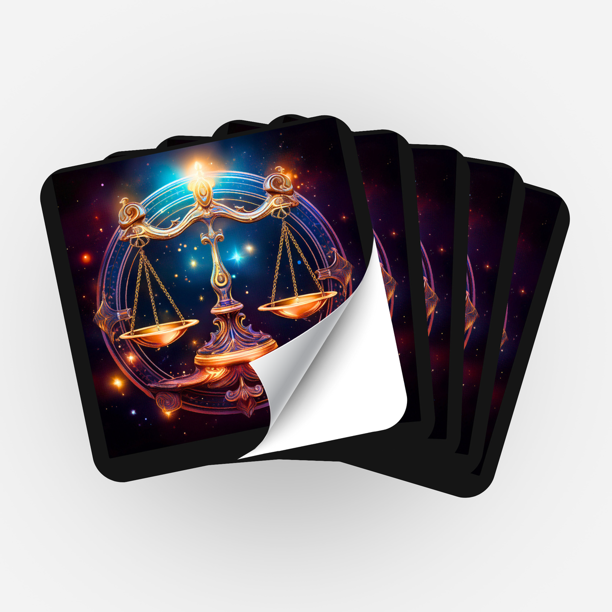 5er-Set Sticker Waage Sternzeichen für Diamond Painting Organisation mit goldenem Waage-Motiv vor kosmischem Hintergrund