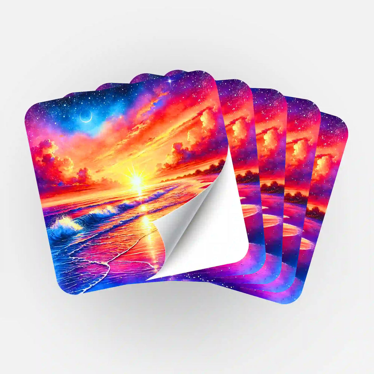 Fünf Picmondoo Aufkleber mit farbenfrohem Sonnenuntergang am Meer, ideal zur Organisation für Diamond Painting Zubehör.