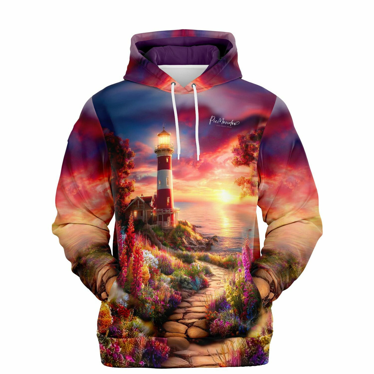 Dreamer Hoodie mit Leuchtturm-Motiv im Stil von Diamond Painting Kunstwerken und buntem Blumenweg bei Sonnenuntergang