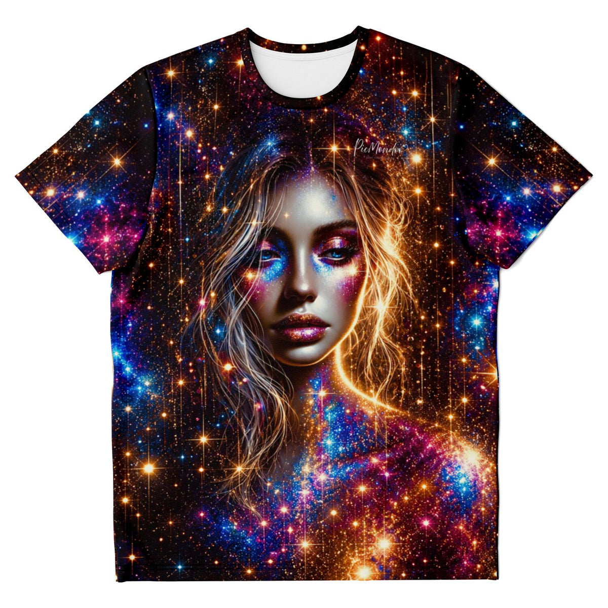 T-Shirt mit Elara Motiv, inspiriert von Diamond Painting Galaxie-Design mit leuchtenden Farben und Sternendruck.