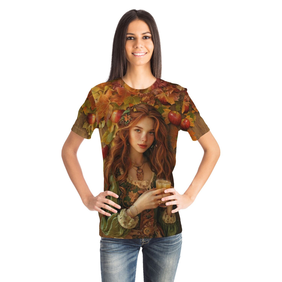 Frau in T-Shirt mit Apfelmädchen Ruby Motiv von Susen Pfifferling, ideal für Fans von Malen nach Zahlen und Diamond Painting