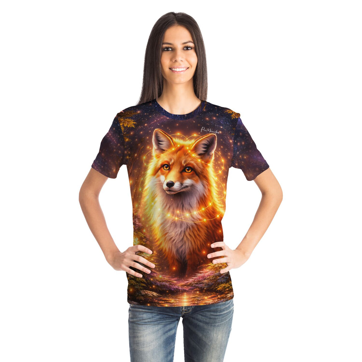 Frau trägt Dreamer T-Shirt mit leuchtendem Fuchs-Motiv im Stil von Diamond Painting und Malen nach Zahlen Designs