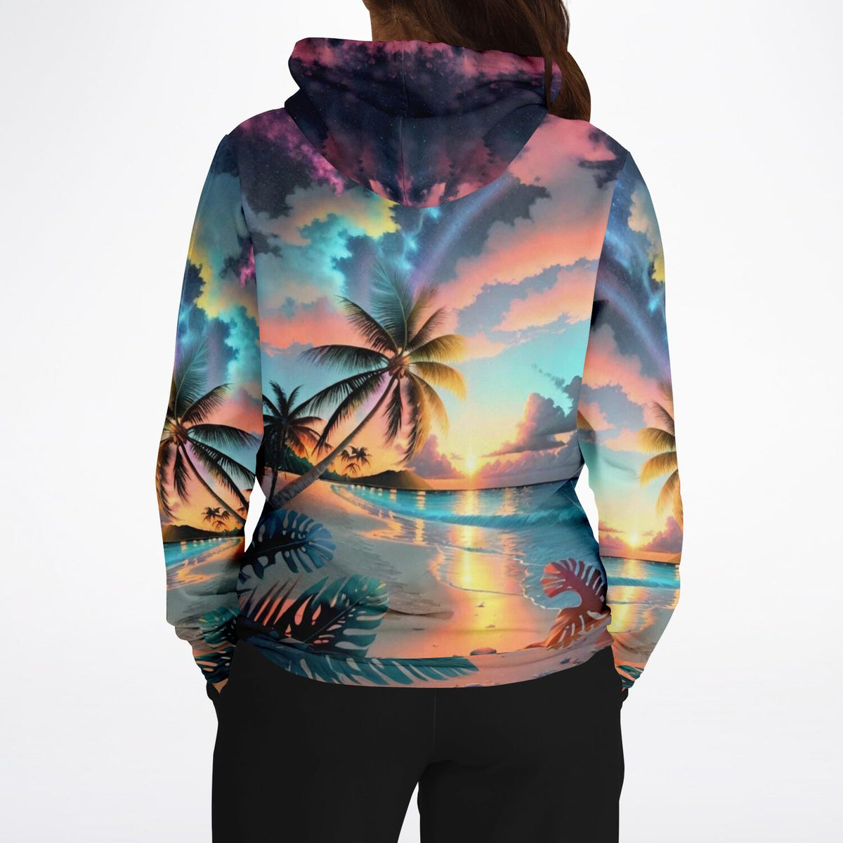 Dreamer Hoodie mit farbenfrohem Palmen-Motiv und Sonnenuntergang im Stil von Diamond Painting Kunstwerken