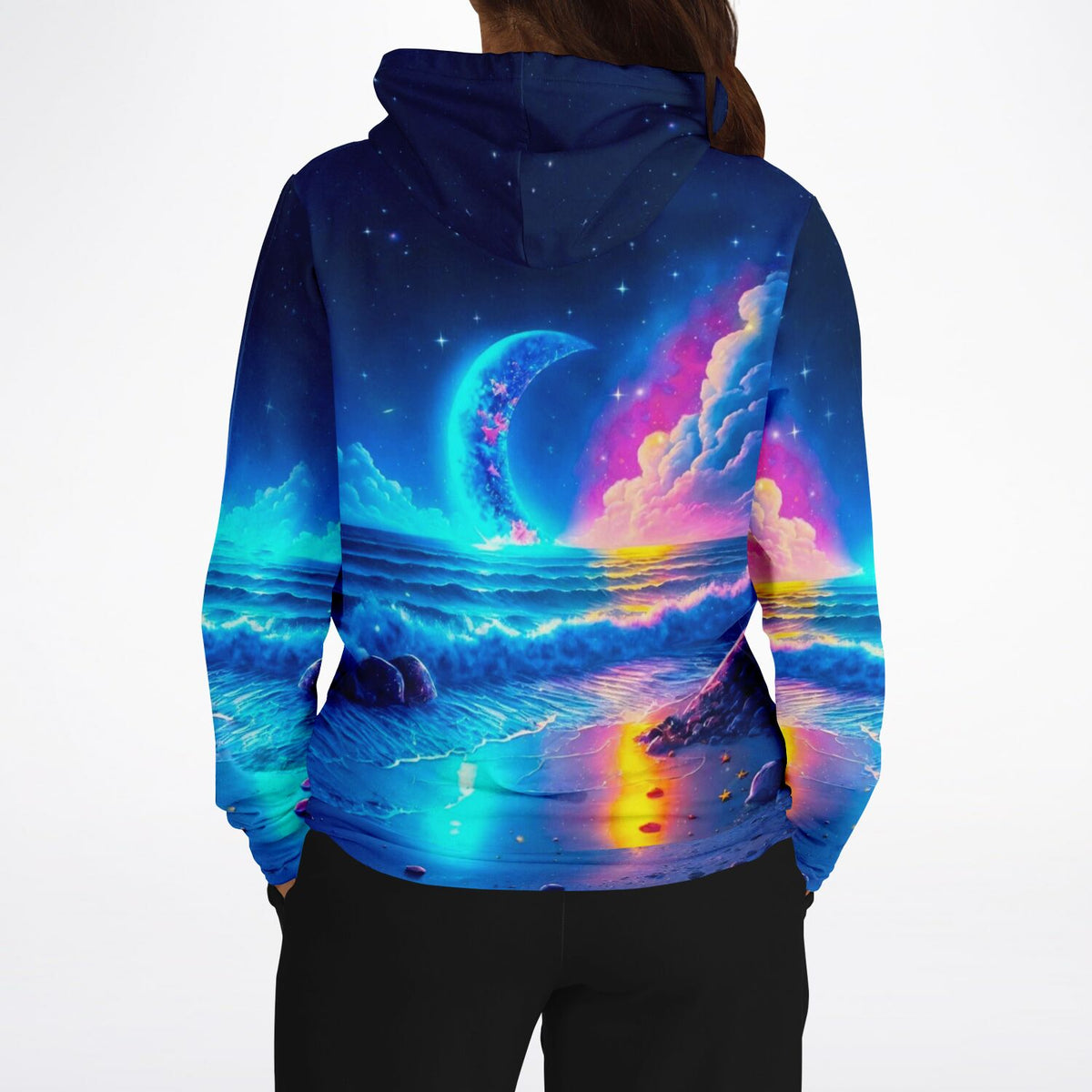 Dreamer Hoodie mit farbenfrohem Strand im Mondschein Motiv nach Art eines Diamond Painting Designs