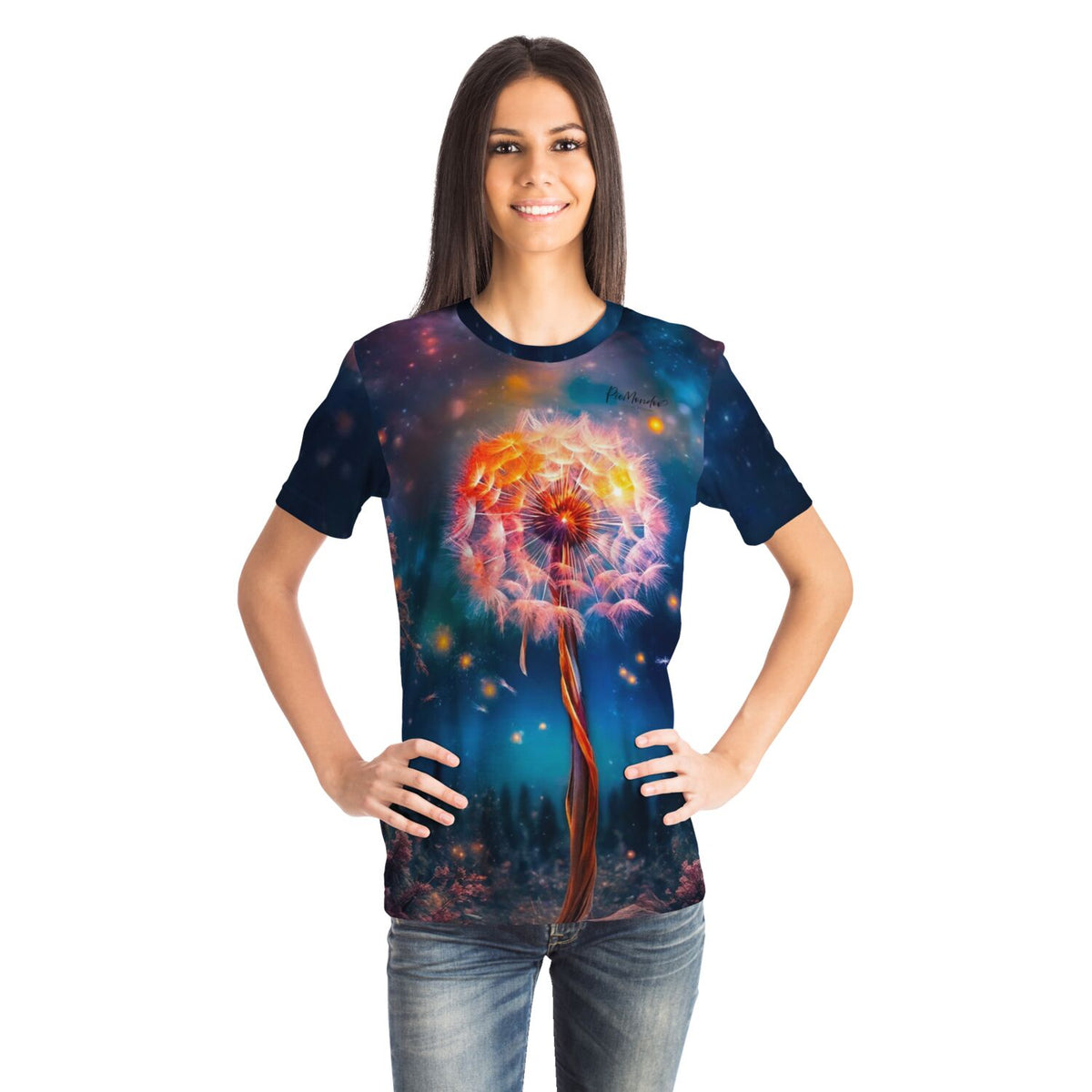 Frau trägt T-Shirt mit leuchtendem Pusteblumen-Motiv im Stil unserer Diamond Painting und Malen nach Zahlen Kunstwerke