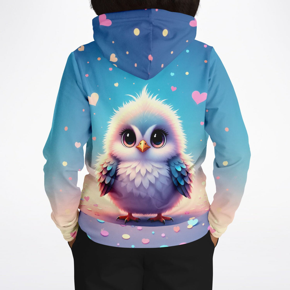 Dreamer Hoodie mit niedlichem Vogel-Motiv, bunten Herzen und Punkten, ideal als Ergänzung zu Diamond Painting Kunst