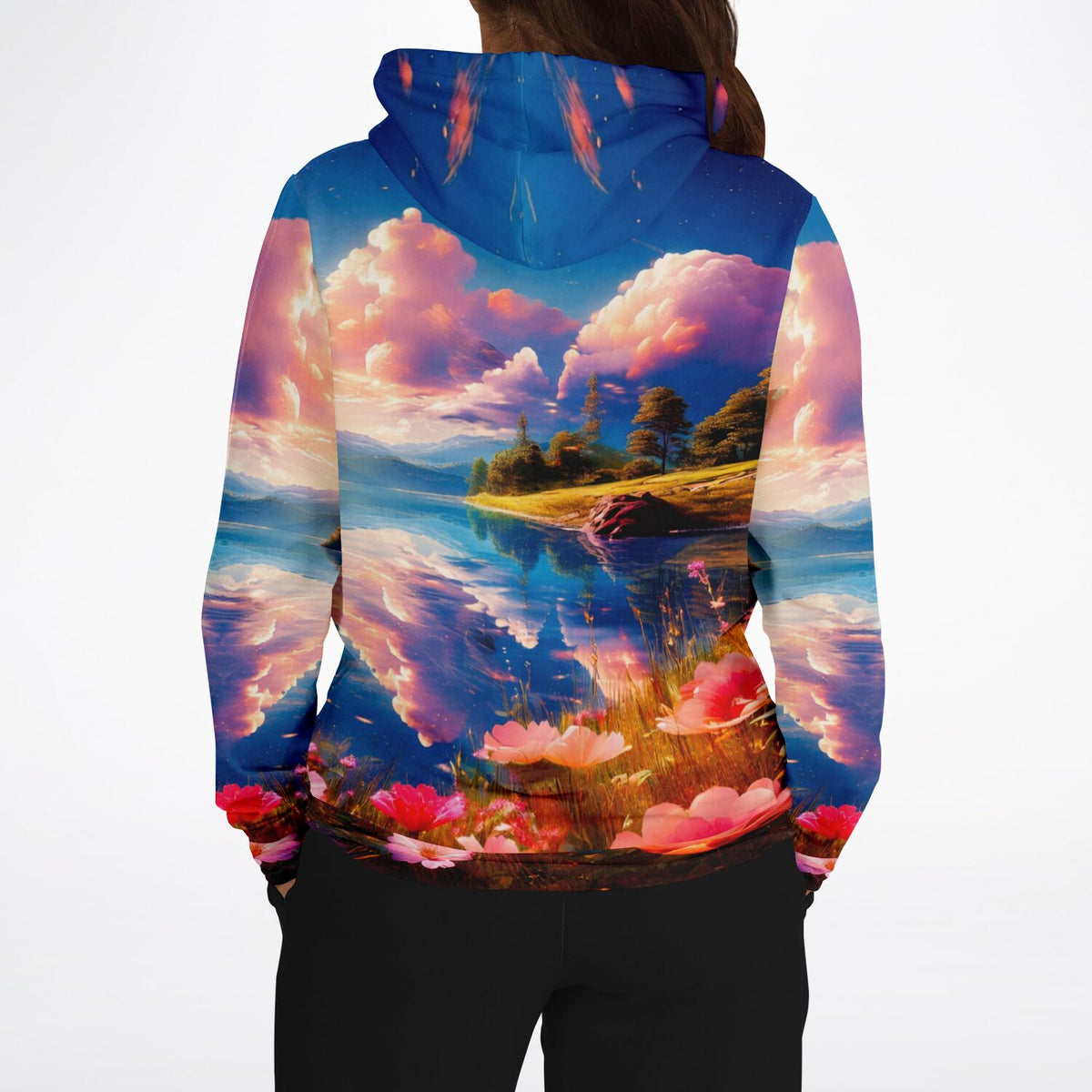 Dreamer Hoodie mit farbenfrohem See-Motiv, das stilistisch an ein Diamond Painting oder Malen nach Zahlen erinnert.