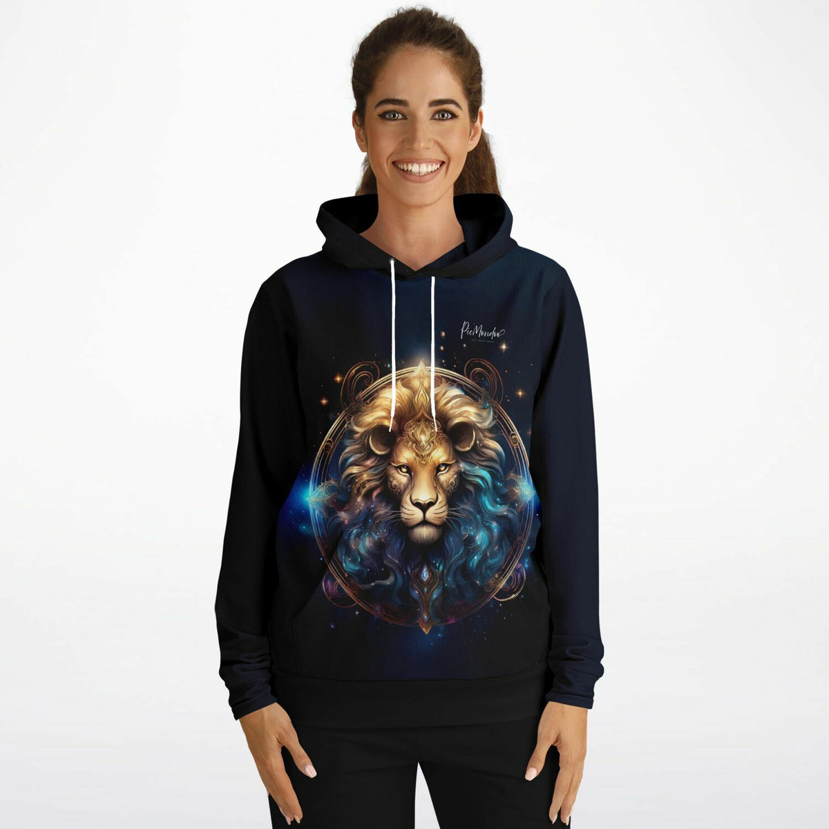 Schwarzer Hoodie mit detailliertem Löwen-Sternzeichen-Motiv, inspiriert von faszinierenden Diamond Painting Kunstwerken.