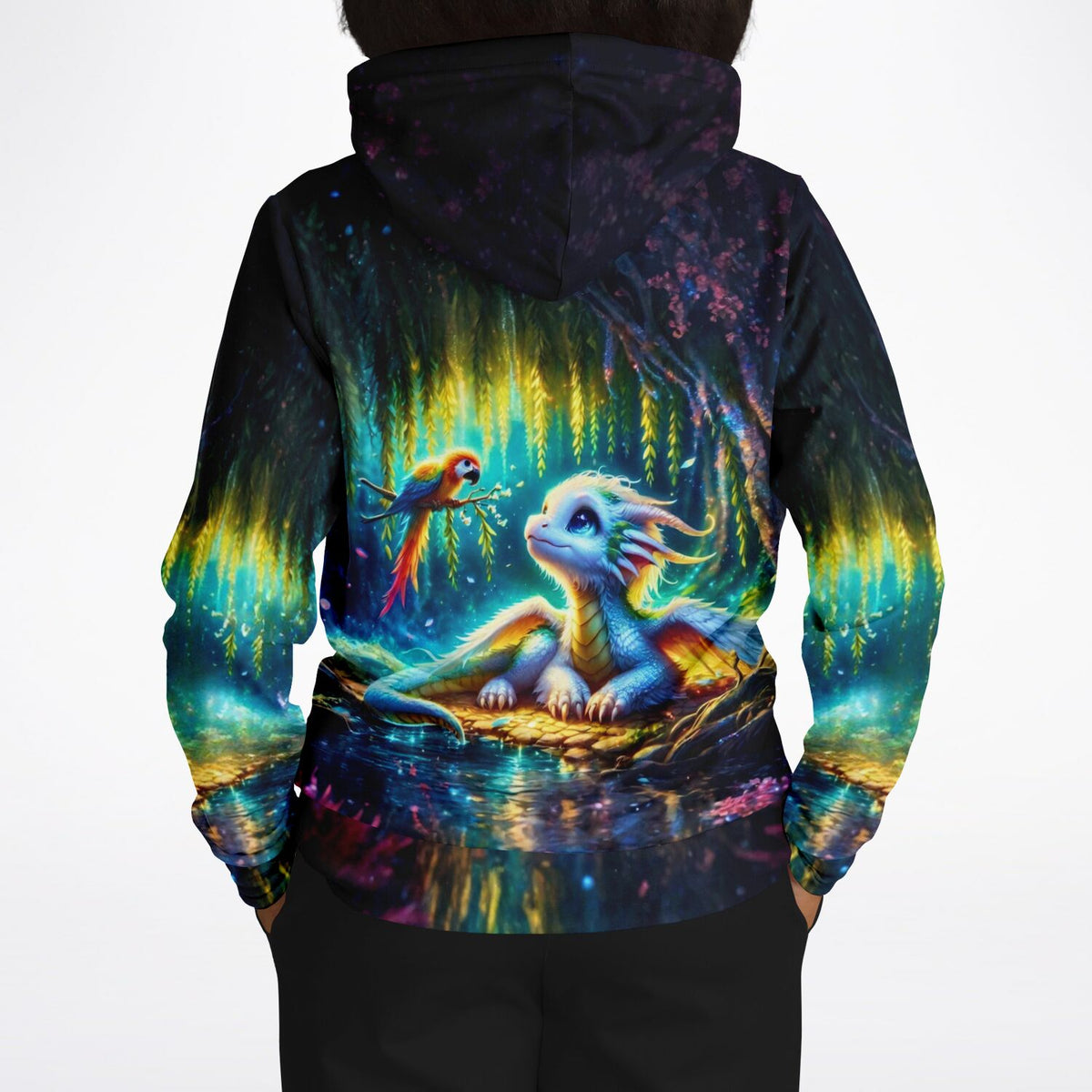 Hoodie mit magischem Drachen und Papagei Motiv, inspiriert von Diamond Painting Kunstwerken
