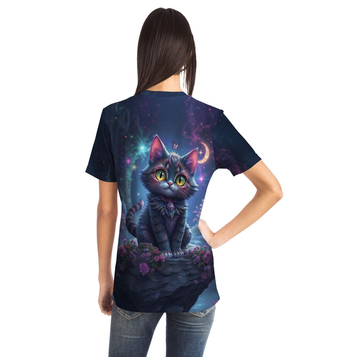 T-Shirt mit verträumtem Night-Cat-Motiv im Stil von Diamond Painting und Malen nach Zahlen für Erwachsene