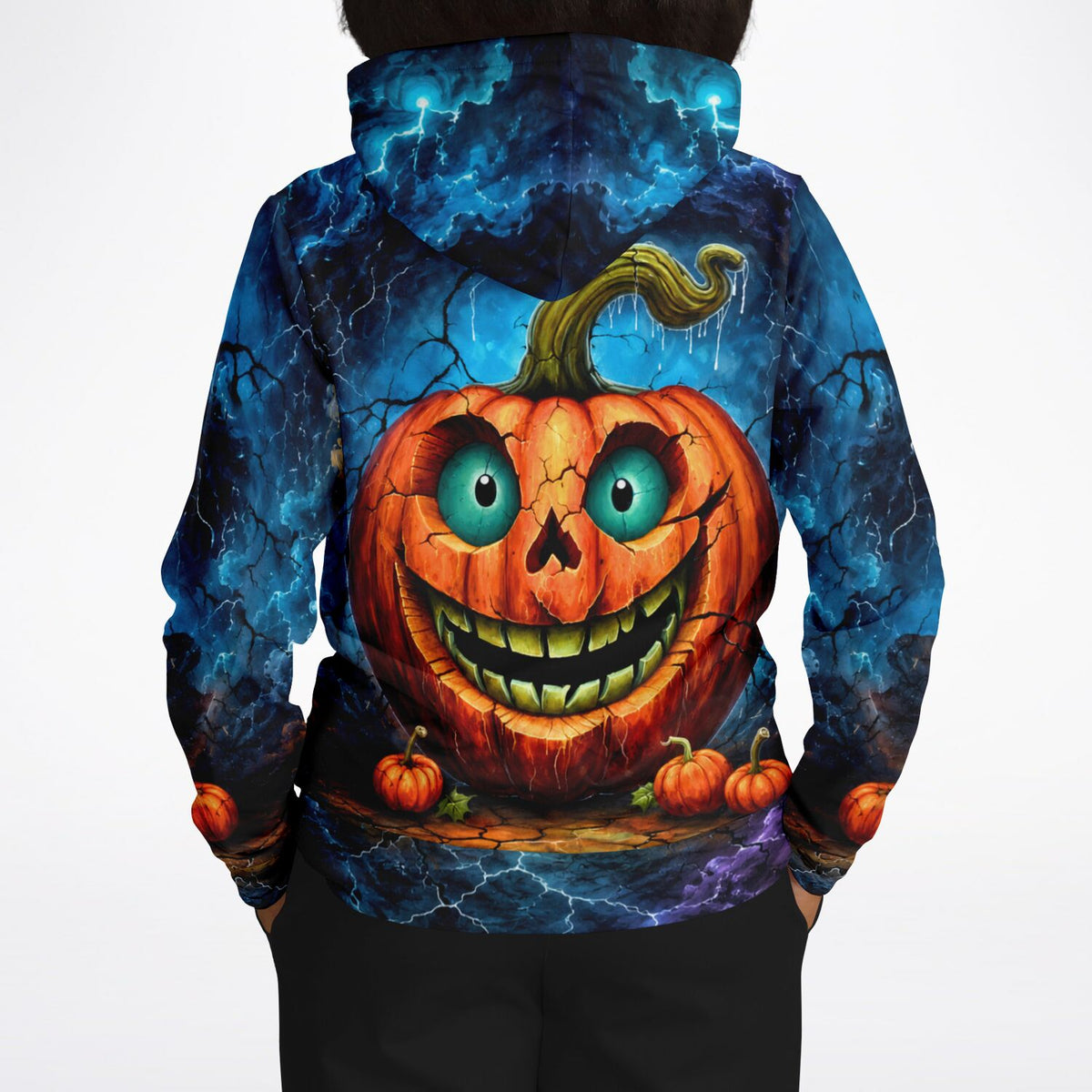 Dreamer Hoodie mit gruseligem Kürbis-Motiv, blauen Blitzen und AOP-Druck für Fans von Diamond Painting und Kunst