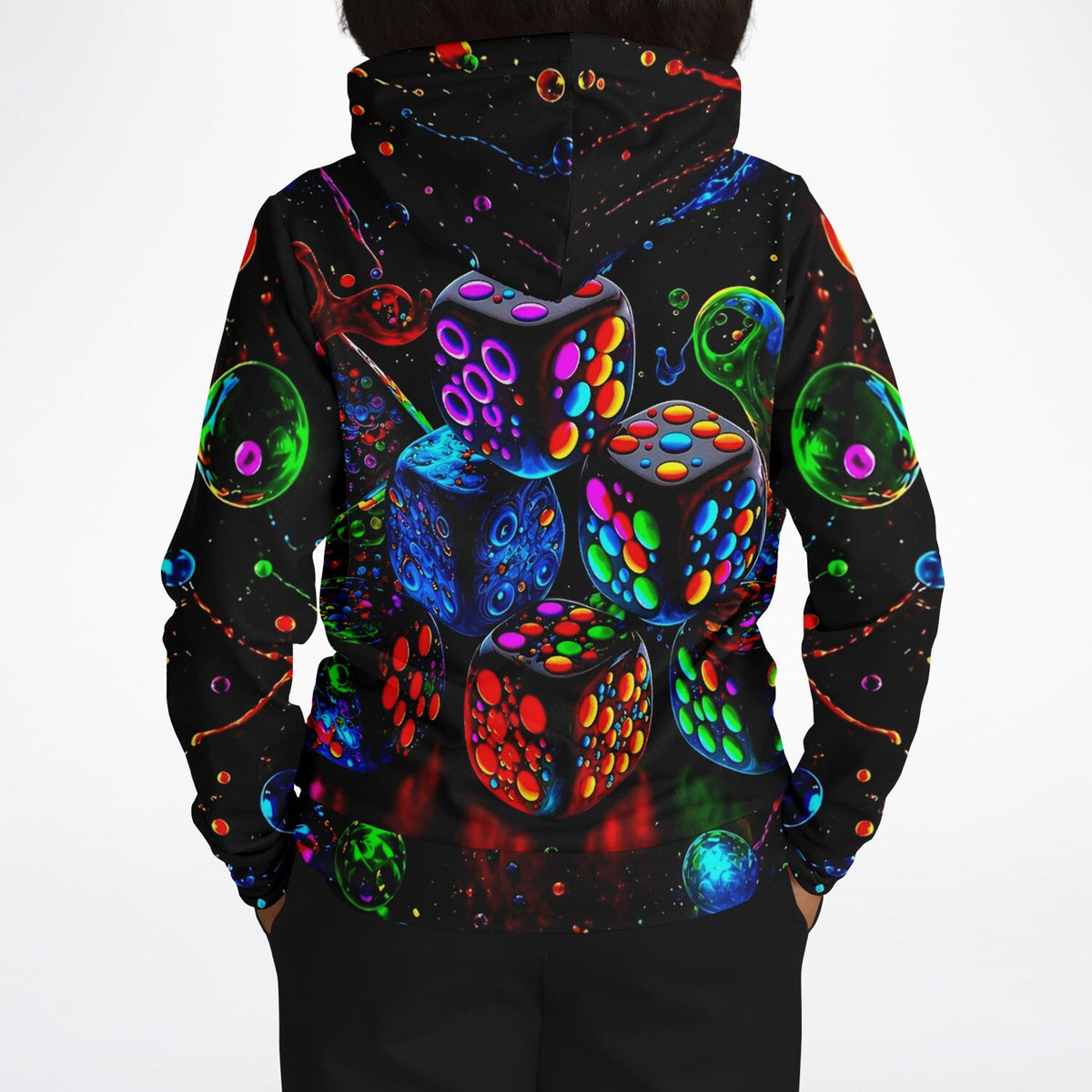 Schwarzer Hoodie mit buntem Neon-Würfel-Muster im Stil von Diamond Painting Motiven für Erwachsene