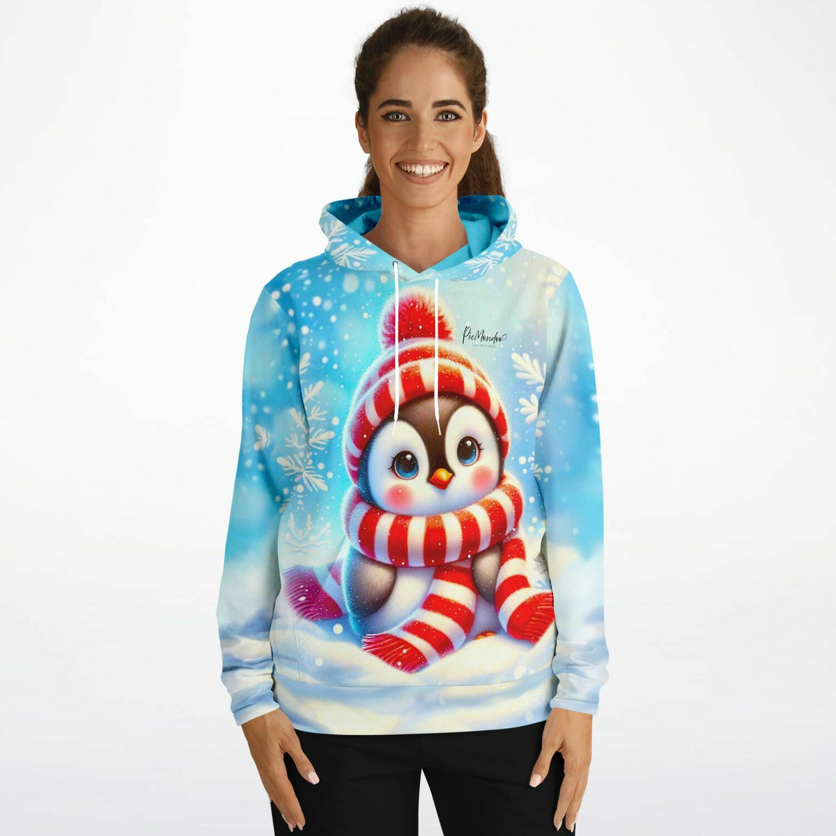 Frau trägt blauen Dreamer Hoodie mit süßem Pinguin Pixie Motiv im Stil unserer Diamond Painting und Malen nach Zahlen Sets