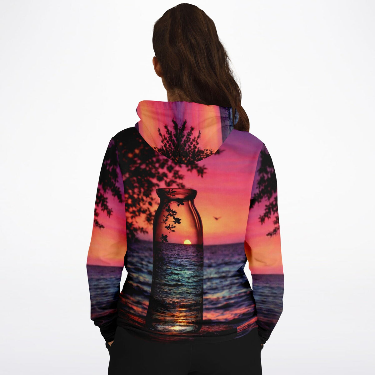 Dreamer Hoodie mit Roter-Sonnenuntergang-Motiv, kunstvolles All-Over-Print Design inspiriert von Malen nach Zahlen Kunst