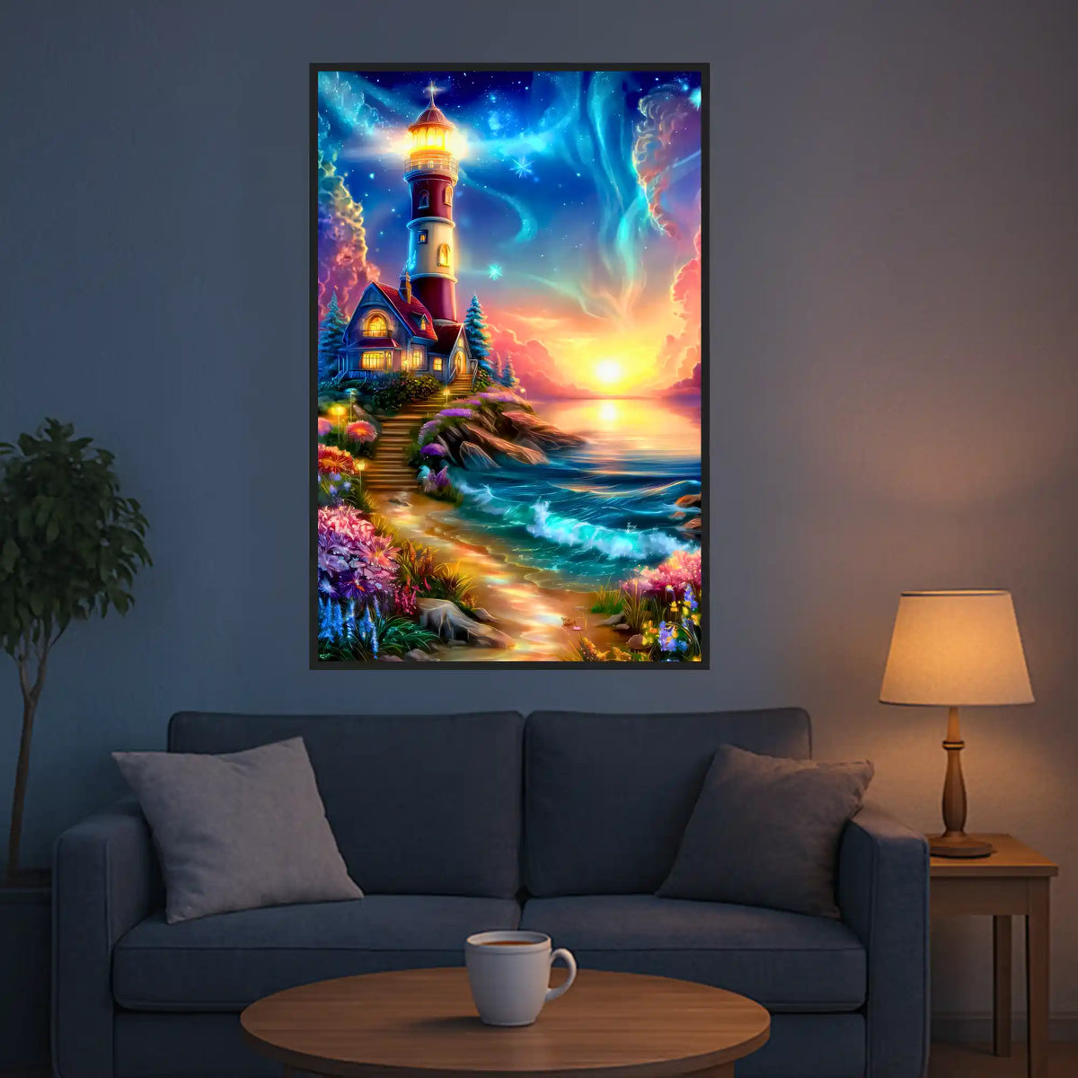 XXL Diamond Painting Wächter des Horizonts mit leuchtendem Leuchtturm, bunten Blumen und magischem Sternenhimmel am Meer.
