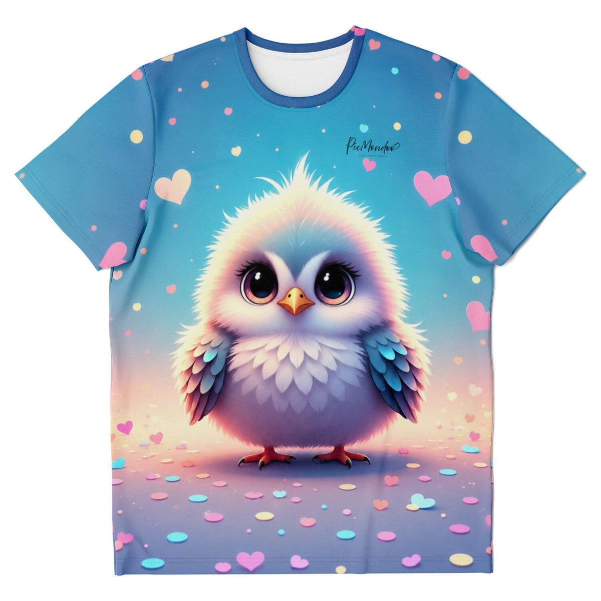 Blaues T-Shirt für kreative Köpfe mit süßem Küken-Motiv, inspiriert durch Diamond Painting und Malen nach Zahlen Design.
