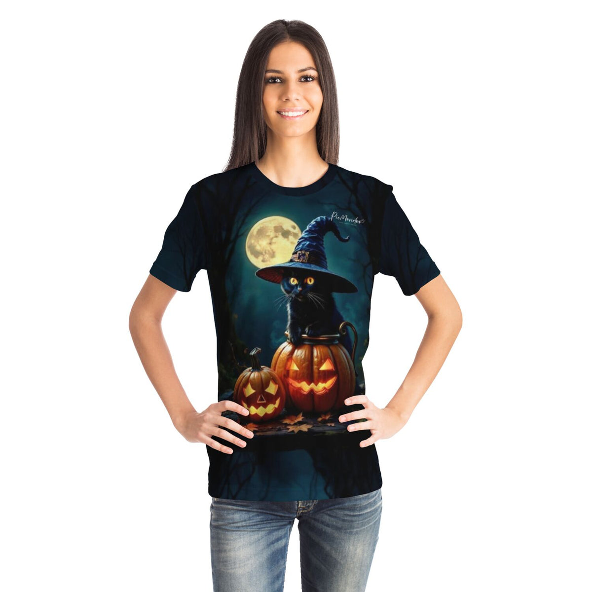 Frau trägt T-Shirt mit Wizard Cat Motiv, passend im Stil zu Diamond Painting und Malen nach Zahlen für Erwachsene