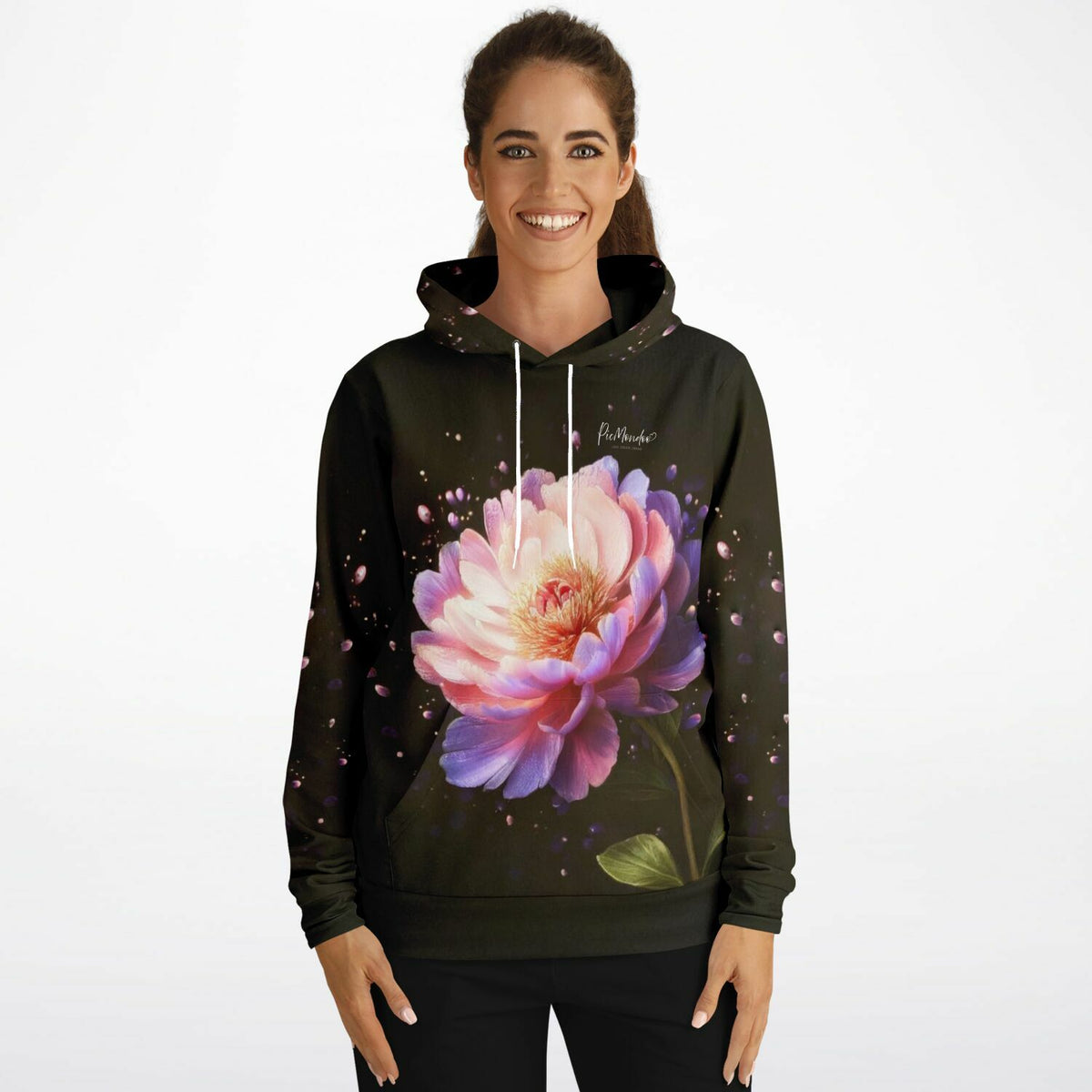 Dreamer Hoodie Flüstern der Pfingstrose mit blumigem Print auf schwarzem Stoff für Fans von Diamond Painting und Kunst