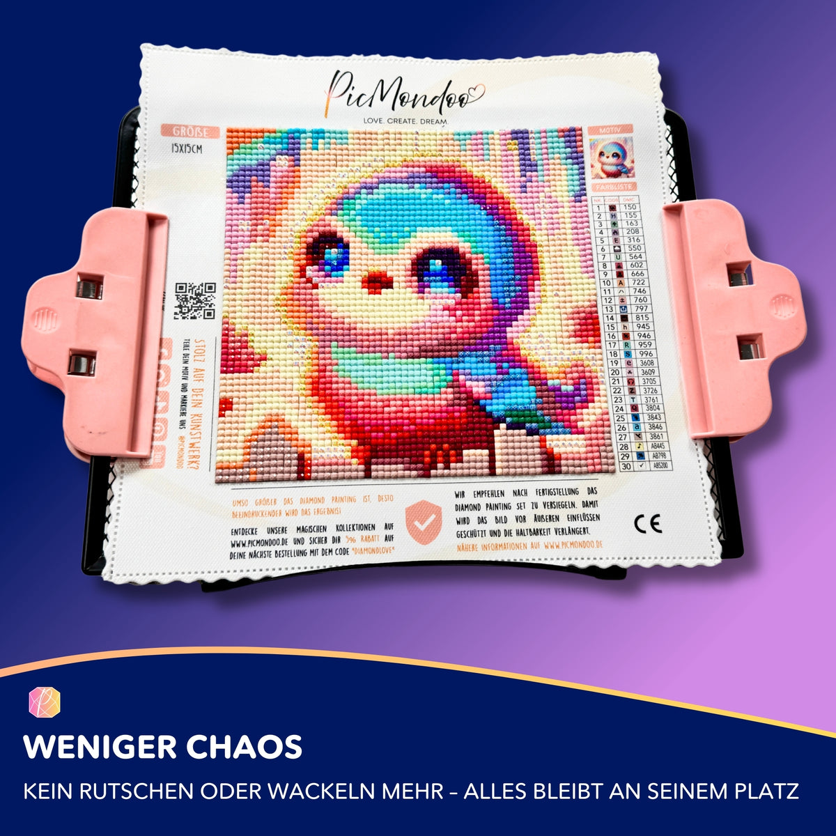 Diamond Painting Ständer mit befestigtem, buntem Pinguin-Motiv für rückenschonendes Basteln