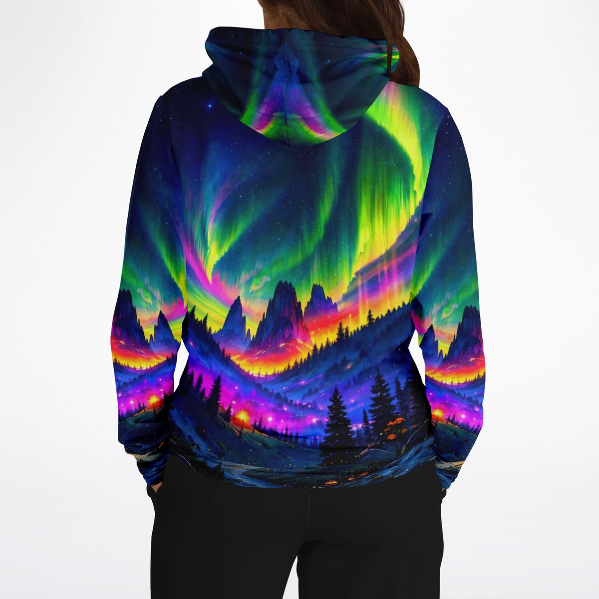 Dreamer Hoodie mit farbenfrohem Nordlicht-Motiv, das an die Detailtiefe unserer Malen nach Zahlen Sets erinnert.