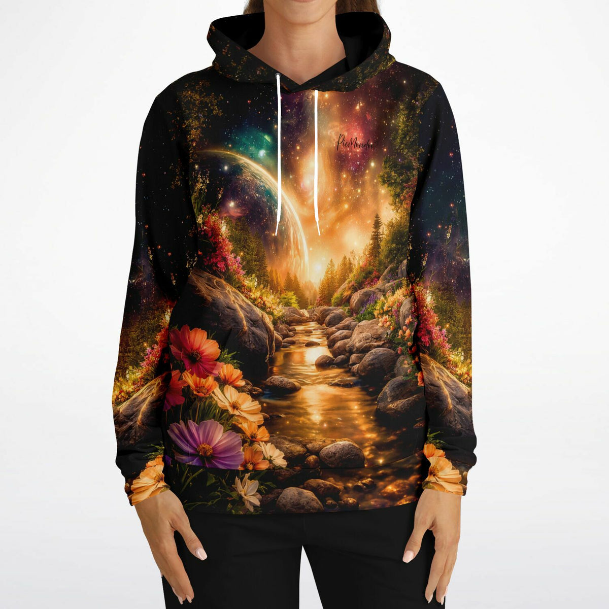 Dreamer Hoodie mit farbenfrohem Kunstmotiv: Flusslauf, Blumen und Weltraum im Stil von Malen nach Zahlen und Diamond Painting