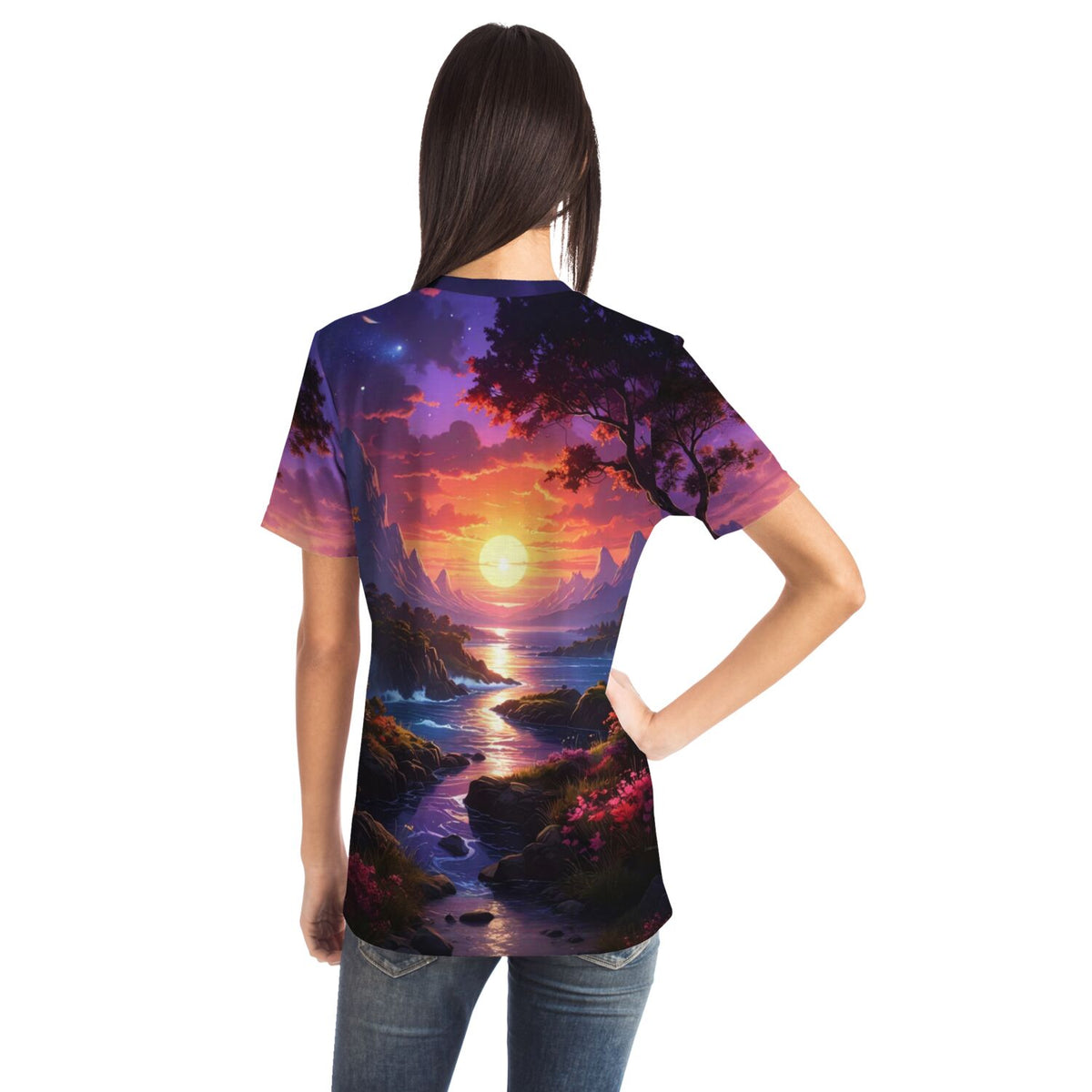 T-Shirt mit künstlerischem Sonnenuntergang-Motiv, inspiriert von Diamond Painting und Malen nach Zahlen Kunststilen.