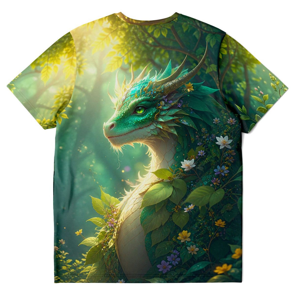 Dreamer T-Shirt Hüter des Smaragdwaldes mit Drachenmotiv im Wald, inspiriert durch Diamond Painting Kunststile.