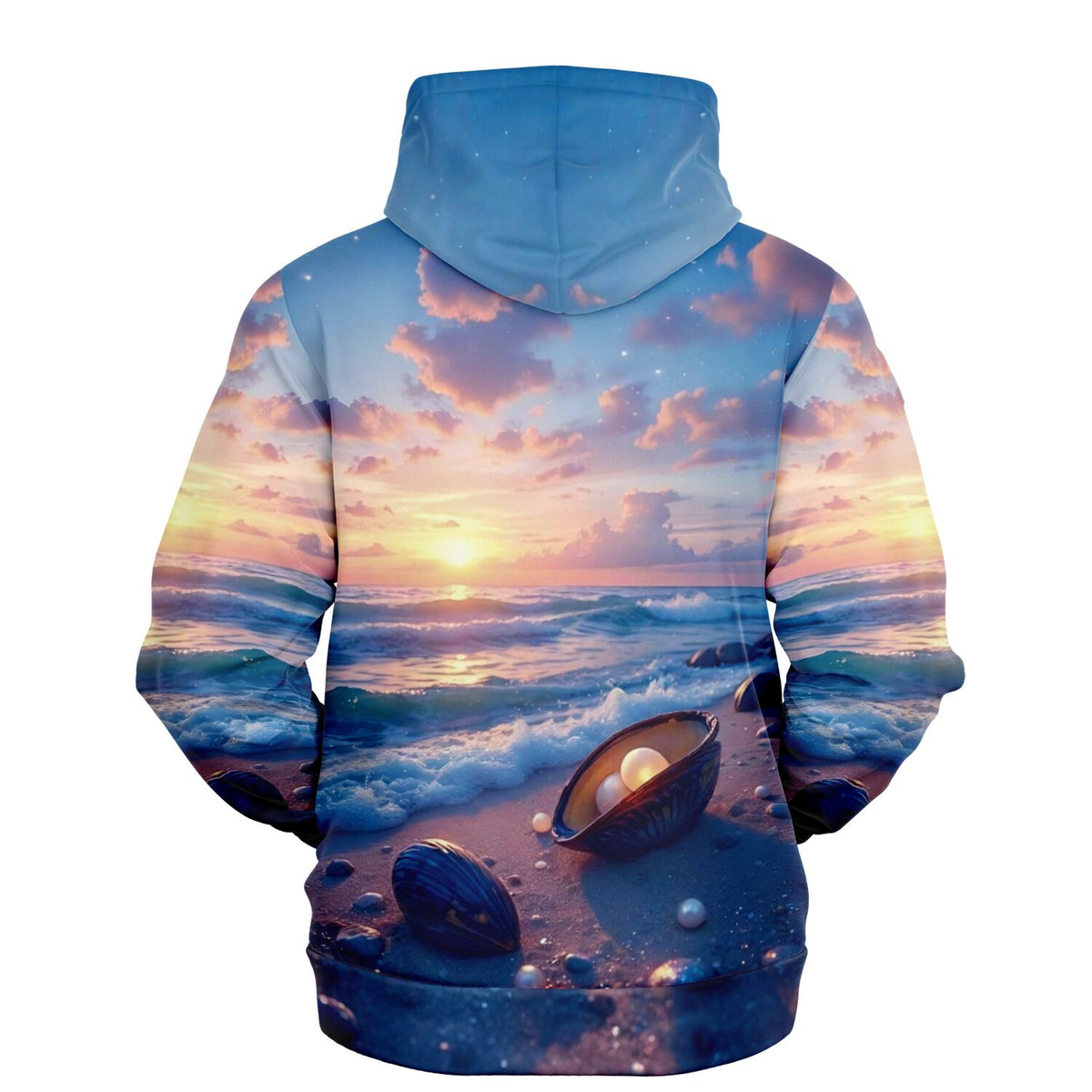 Dreamer Hoodie Strandliebe mit malerischem Sonnenuntergang am Meer und Muscheln mit Perlen als kreatives Komplett-Motiv