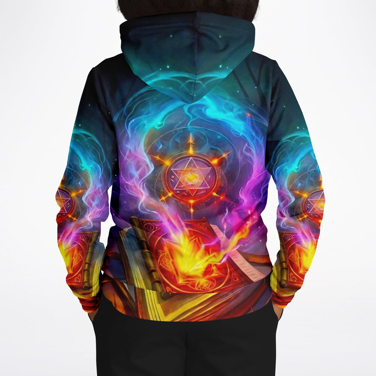 Dreamer Hoodie mit magischem Hexenkünste-Motiv, leuchtendem Zauberbuch und mystischem Alchemie-Symbol im AOP-Design