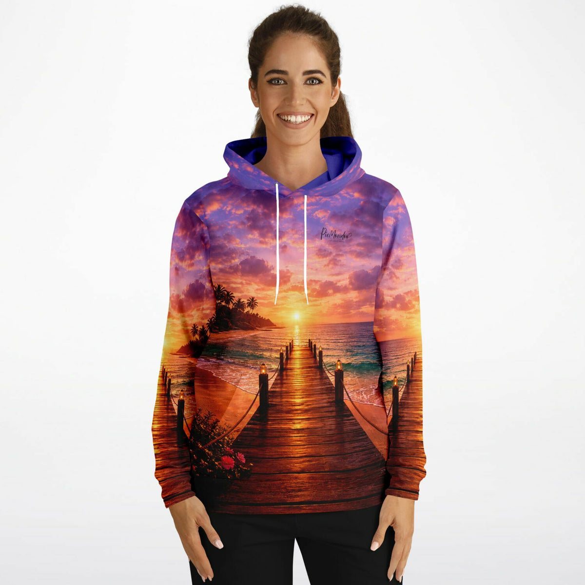 Dreamer Hoodie mit stimmungsvollem Sonnenuntergang am Steg, perfekt für Fans von Diamond Painting und Malen nach Zahlen