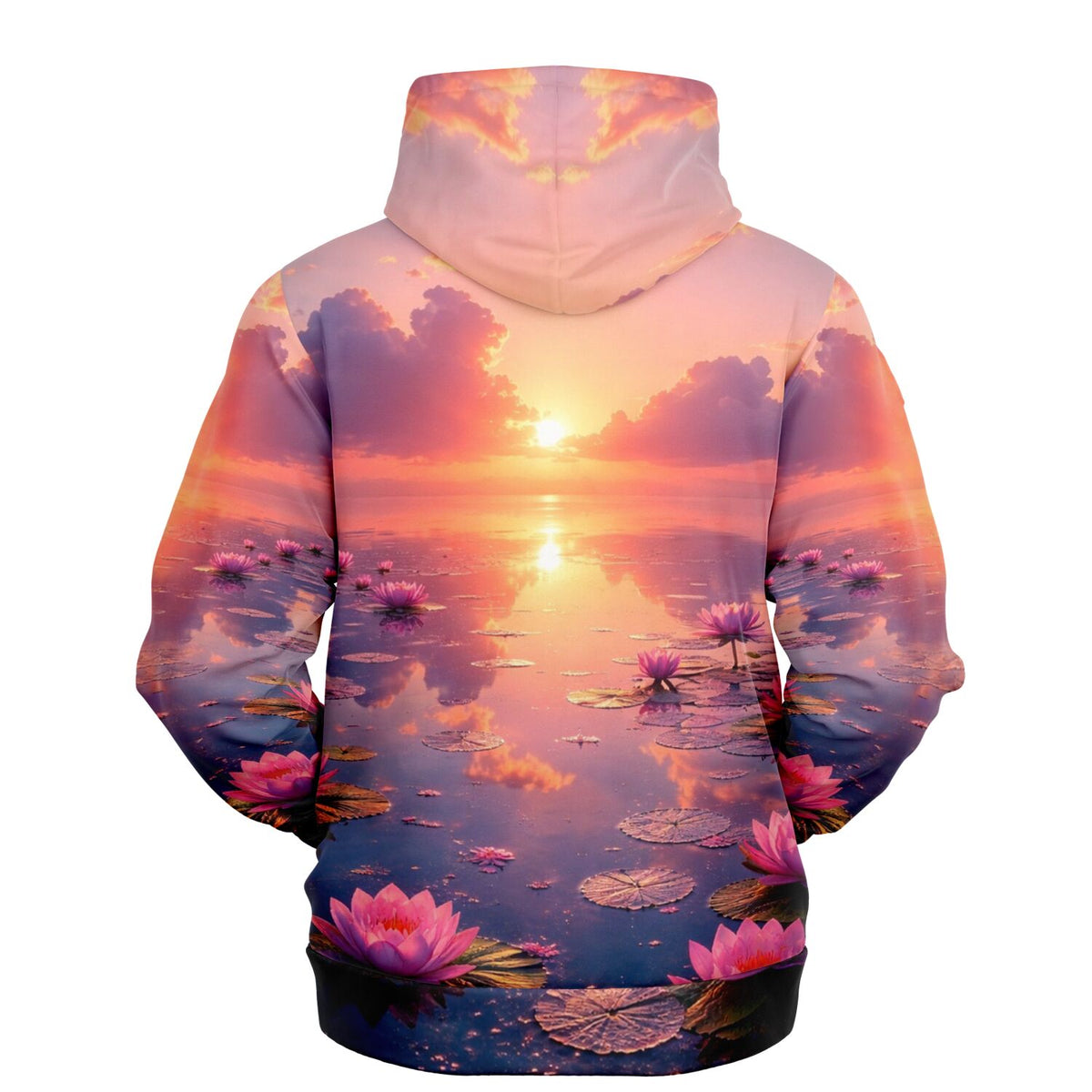 Dreamer Hoodie Abenddämmerung mit Motiv von Seerosen auf einem See bei Sonnenuntergang, All-Over-Print Design