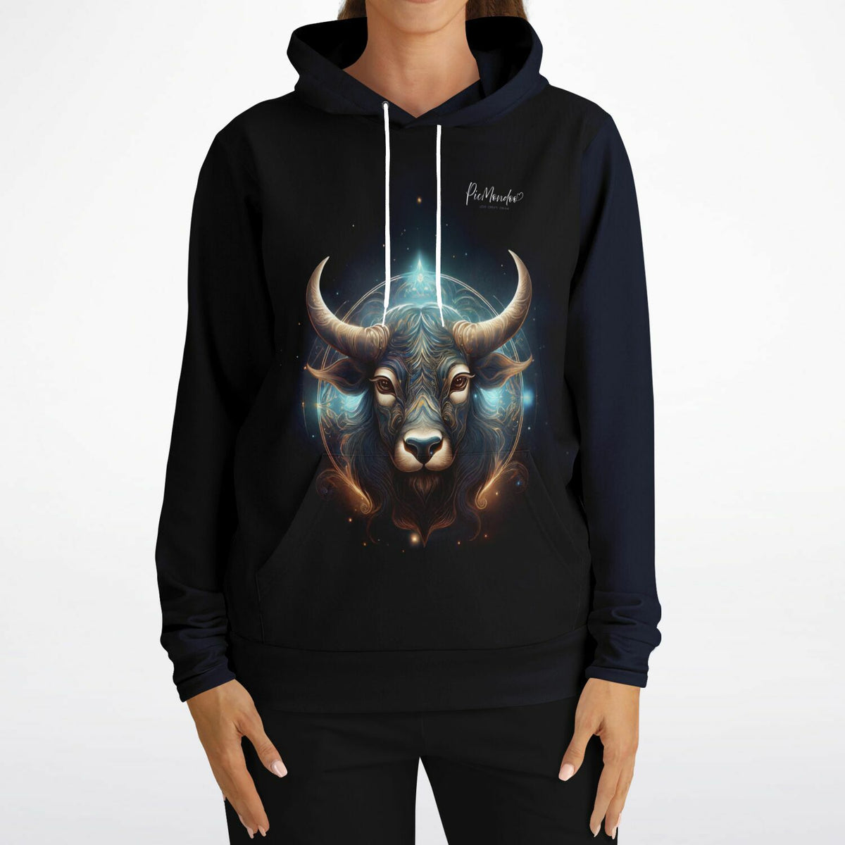 Schwarzer Hoodie mit leuchtendem Sternzeichen Stier Design, passend für Fans von Diamond Painting und Malen nach Zahlen.