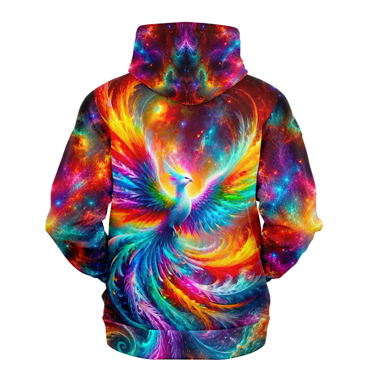 Dreamer Hoodie mit farbenprächtigem Phönix-Motiv vor galaktischem Hintergrund für Fans von kreativen DIY-Designstilen.