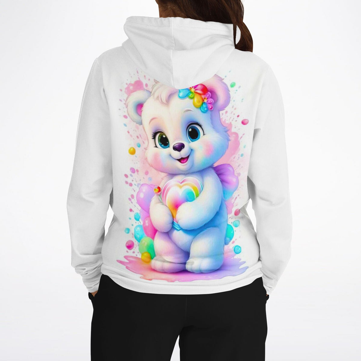 Weißer Kapuzenpullover mit buntem Herzensbärchen-Motiv im Stil unserer beliebten Diamond Painting Kunstwerke.