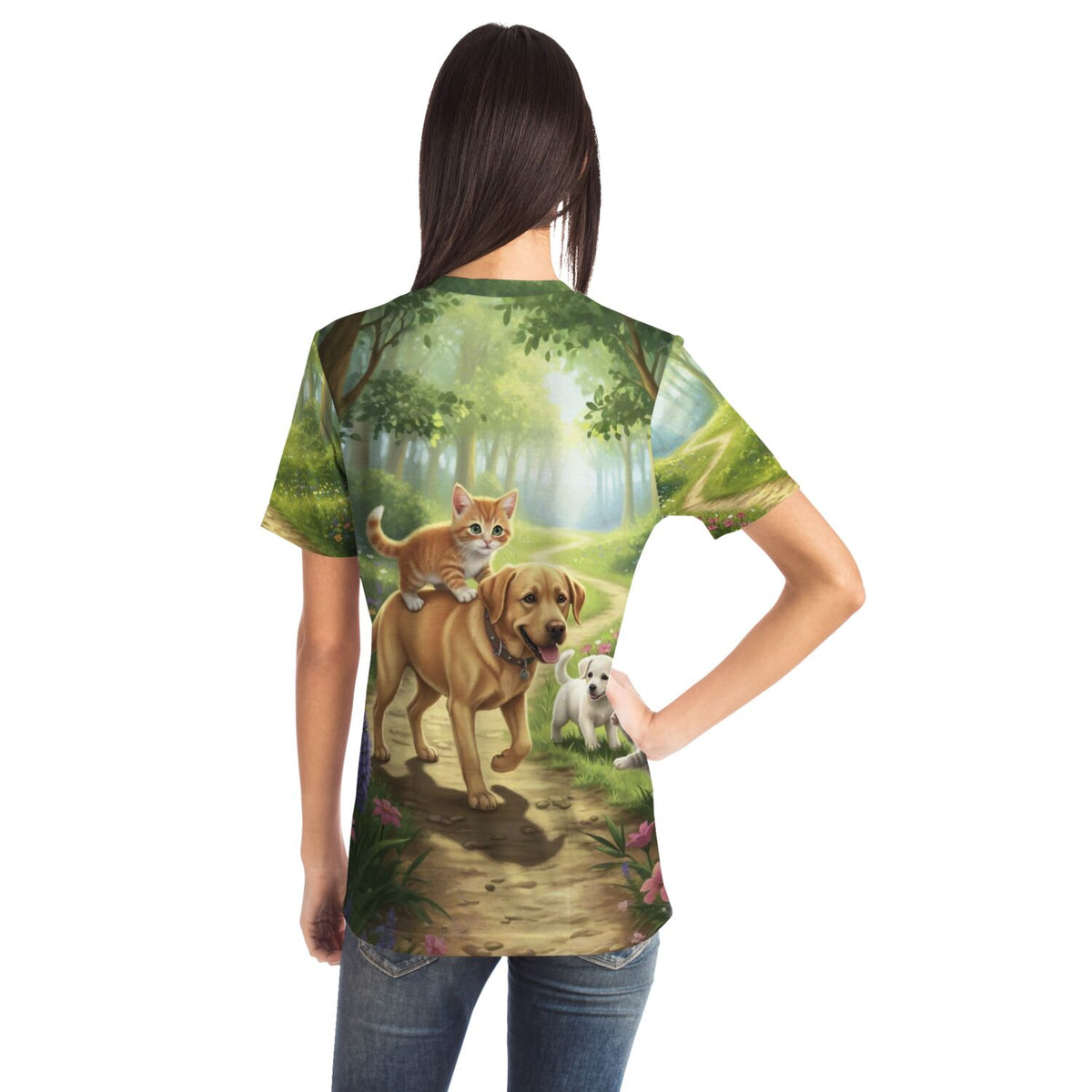 T-Shirt mit Waldspaziergang Motiv, Labrador mit Kätzchen und Welpen im Stil eines Diamond Painting oder Malen nach Zahlen
