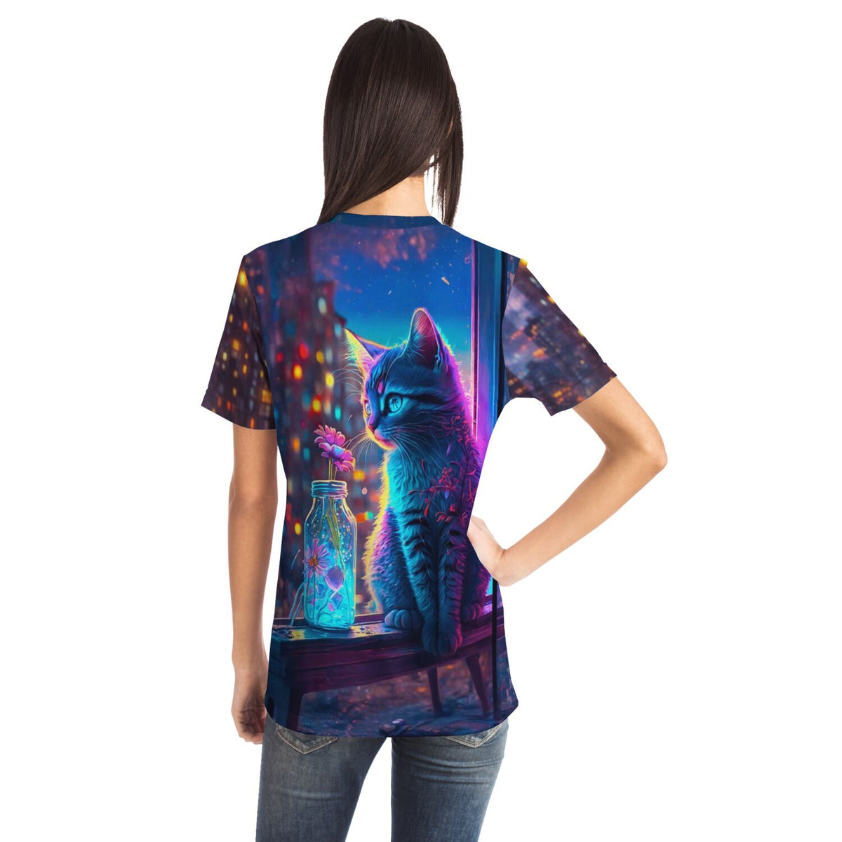 T-Shirt mit Little Cat of Flowers Motiv, inspiriert von Diamond Painting Kunst in bunten Neonfarben für Erwachsene