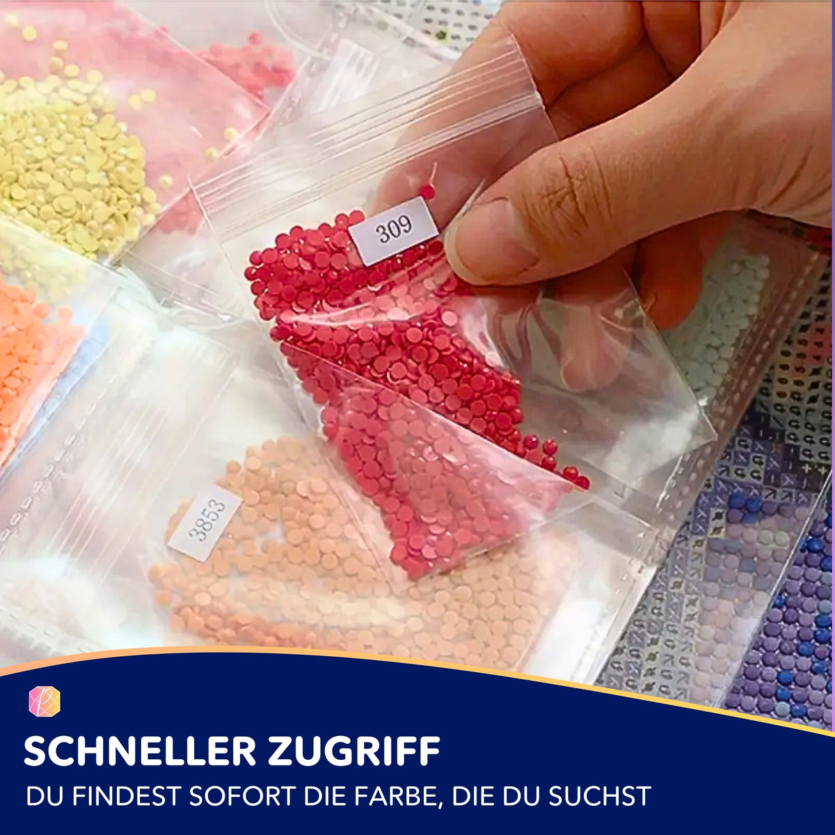 Diamond Painting Sammelmappe zum sortierten Aufbewahren von beschrifteten Tütchen mit bunten Glitzersteinen