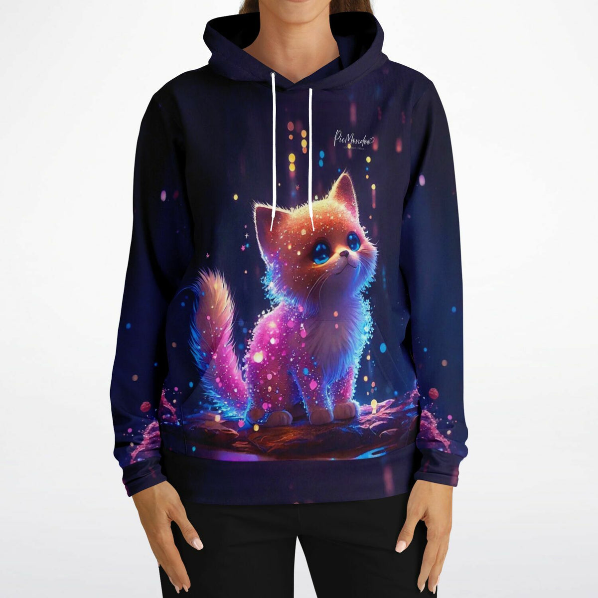 Dreamer Hoodie mit Leuchtbild-Motiv: Ein niedliches Zuckerkätzchen im Stil eines Diamond Painting Glitzereffekts.