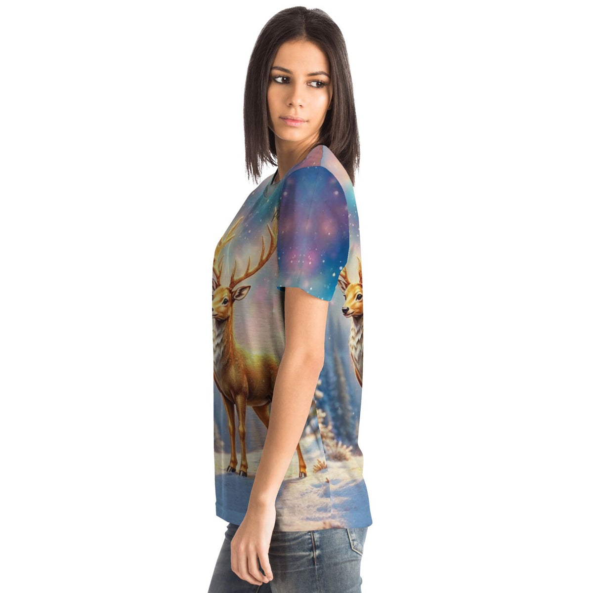 Frau trägt Dreamer T-Shirt mit Golden Hirsch Motiv – ideal für Fans von Malen nach Zahlen und Diamond Painting Designs.
