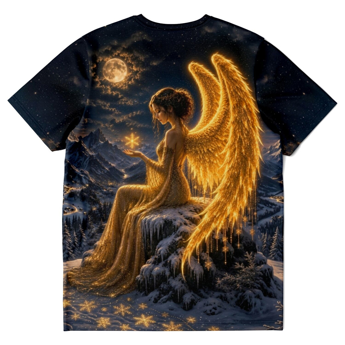 Dreamer T-Shirt mit leuchtendem Engel im goldenen Kleid, Berglandschaft bei Nacht, geeignet für Diamond Painting Fans.