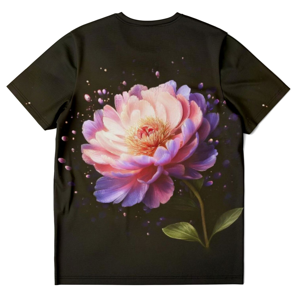 Schwarzes T-Shirt mit farbenfroher Pfingstrose-Grafik im Stil unserer beliebten Diamond Painting und Malen nach Zahlen Motive