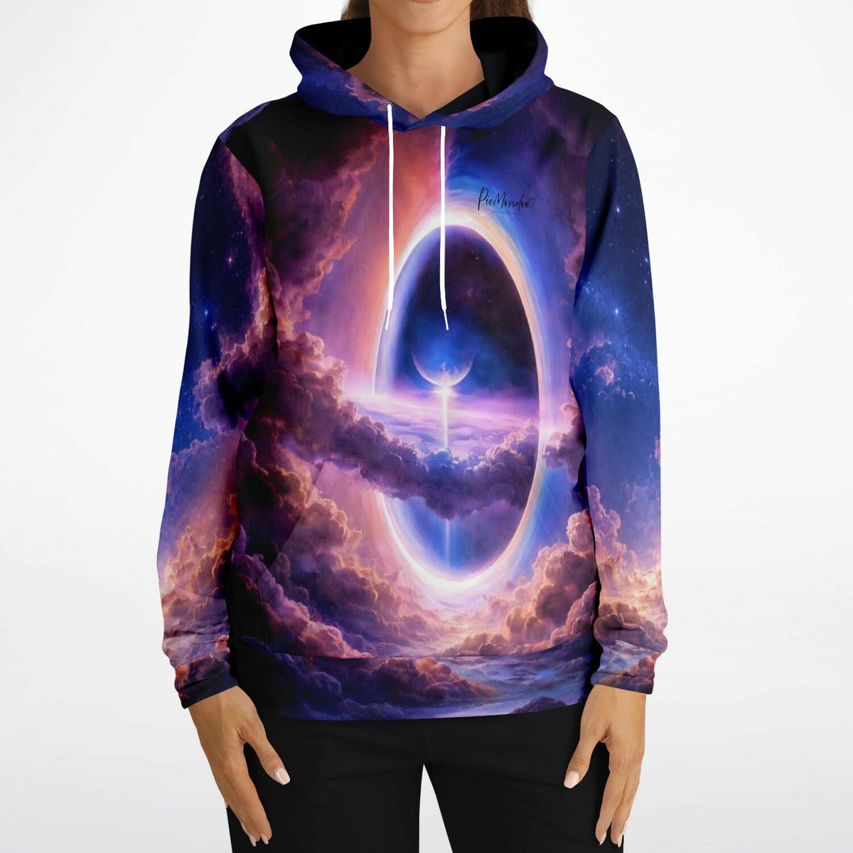 Dreamer Hoodie mit Tor in die andere Welt Motiv: Kunstvolles AOP-Design mit violettem Weltraum und leuchtendem Portal